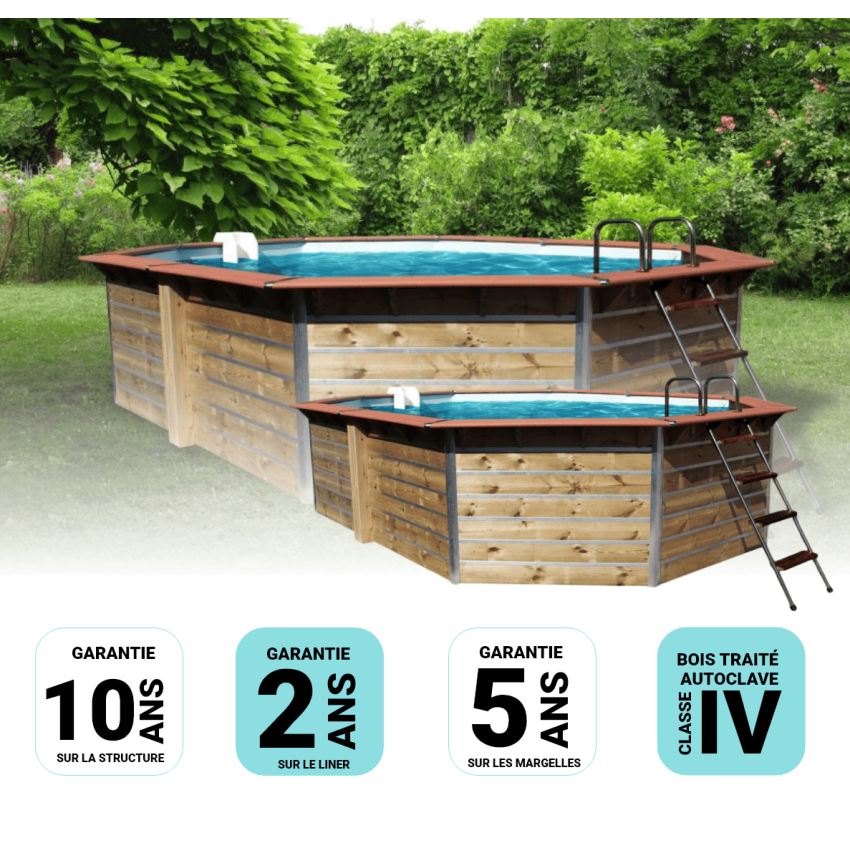 Piscine bois Octogonale Allongée LUCON 590x420x111cm Liner bleu