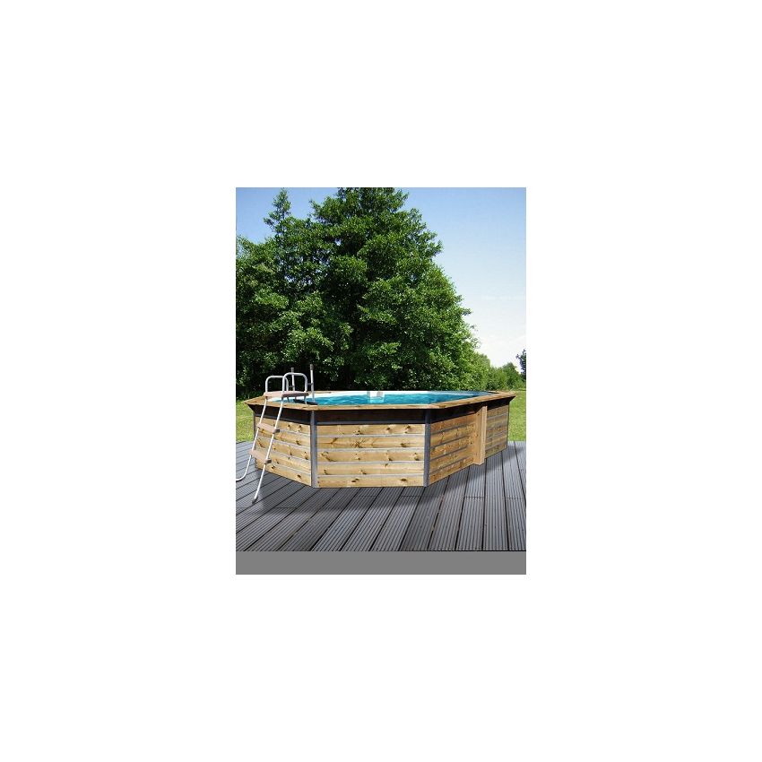 Piscine bois Octogonale Allongée LUCON 590x420x111cm Liner bleu