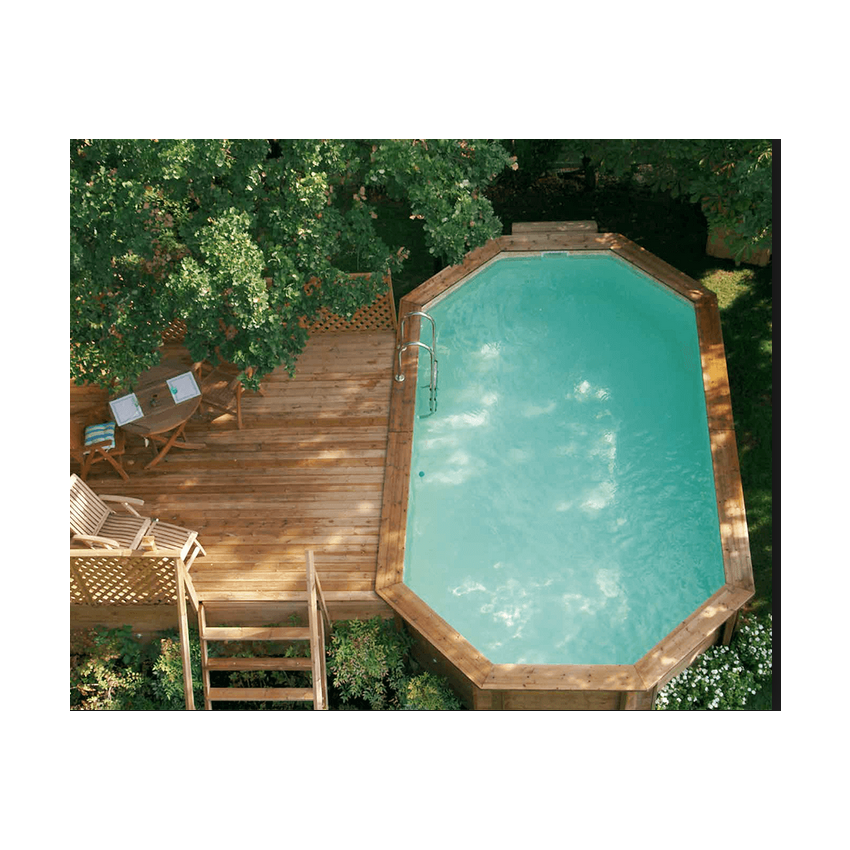 Piscine Bois Lucci Octogonale allongée avec Plage immergée + Escalier 415x265x131cm