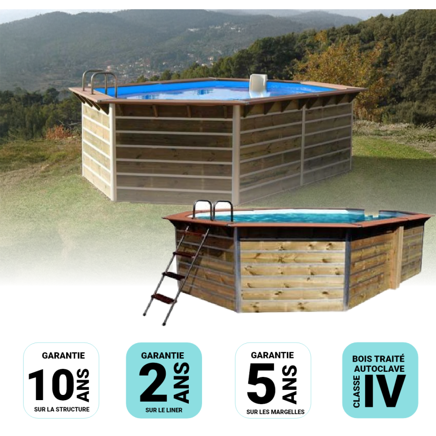Piscine bois Octogonale Allongée SABTANG 510x320x129cm Liner bleu