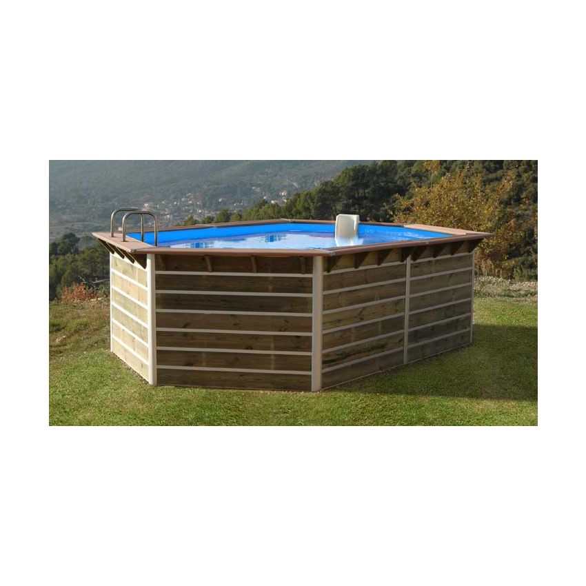 Piscine bois Octogonale Allongée SABTANG 510x320x129cm Liner bleu