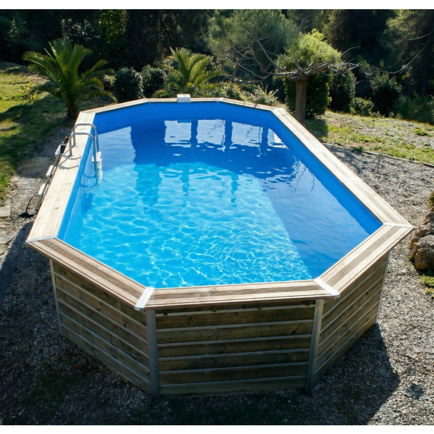 Piscine bois Octogonale Allongée SIAYAN 730x420x129cm Liner Bleu