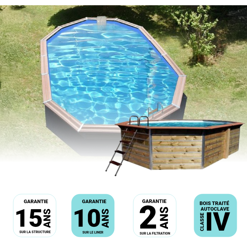Piscine bois Octogonale Allongée CALAYAN  890x420x129cm Liner Bleu