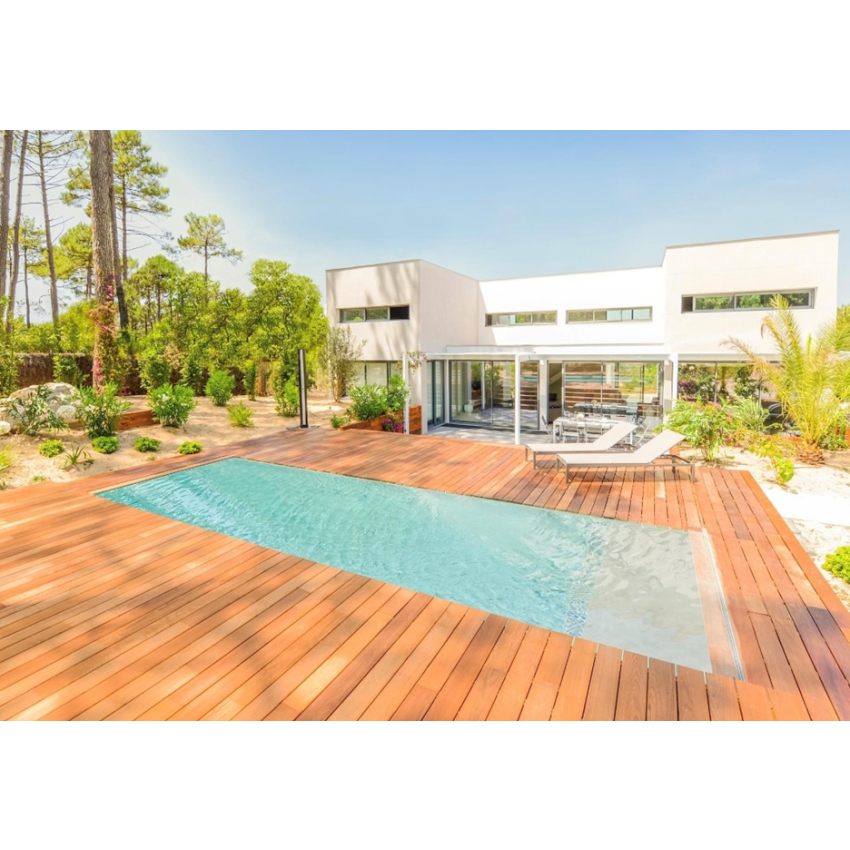 Piscine Bois California Rectangulaire Luxe avec Plage immergée + escalier 520x220x131cm Pierre de Bali