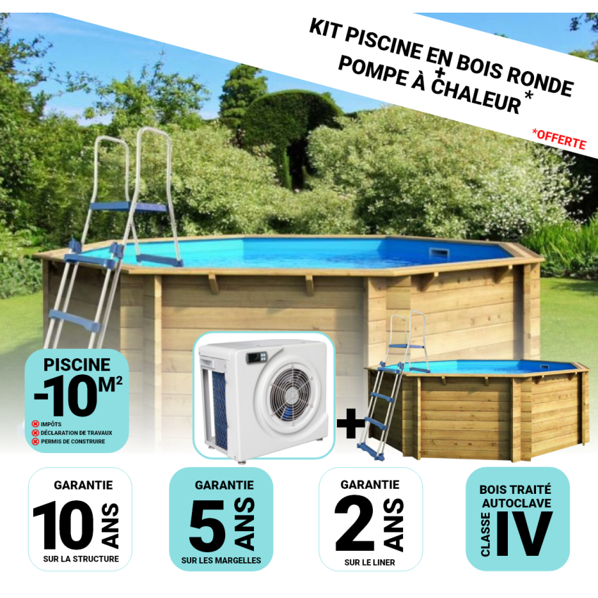 Piscine bois Hexagonale 395x117cm Liner bleu +Pompe à chaleur Offerte