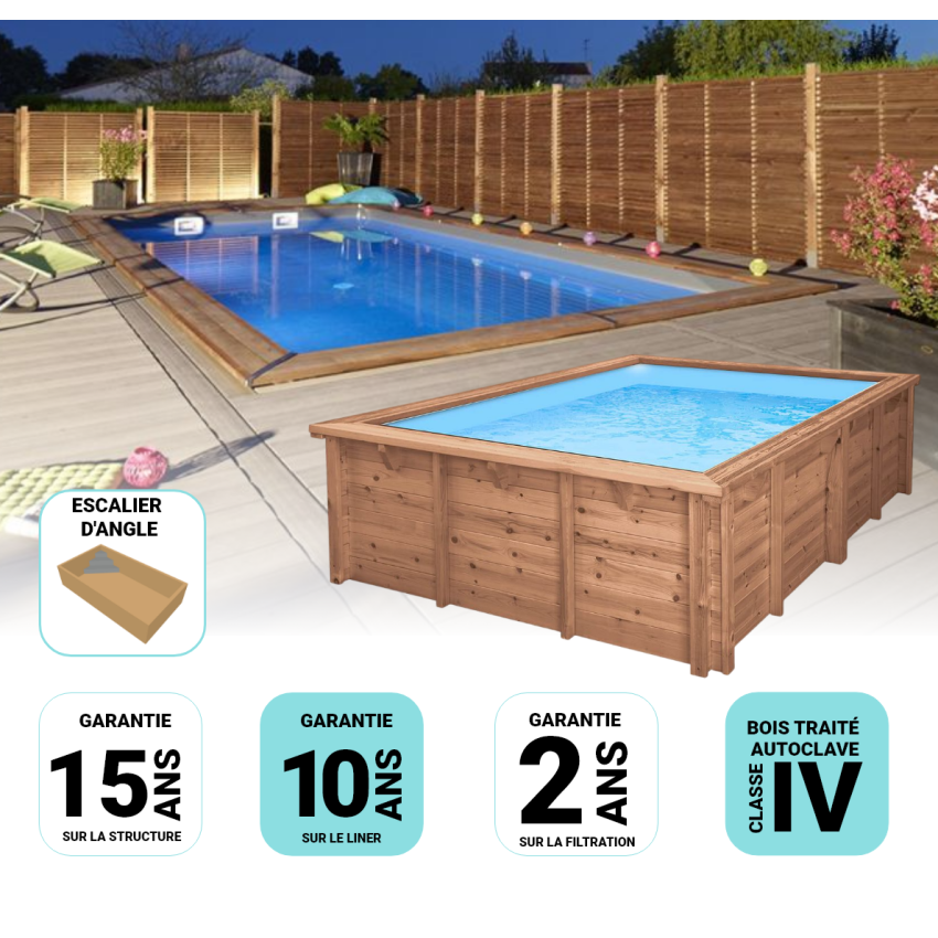 Piscine bois MAEVA Rectangulaire avec Escalier d'Angle 500x300x150cm  