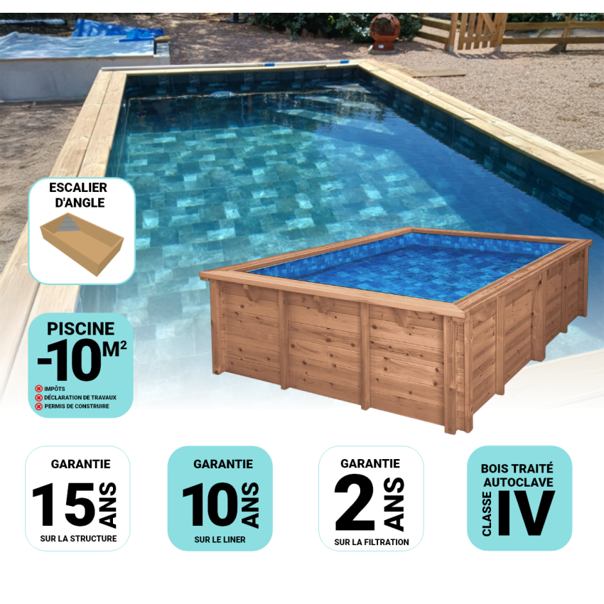 Piscine Bois Luxe Rectangulaire avec Escalier d'angle 420x320x131cm Pierre de Bali