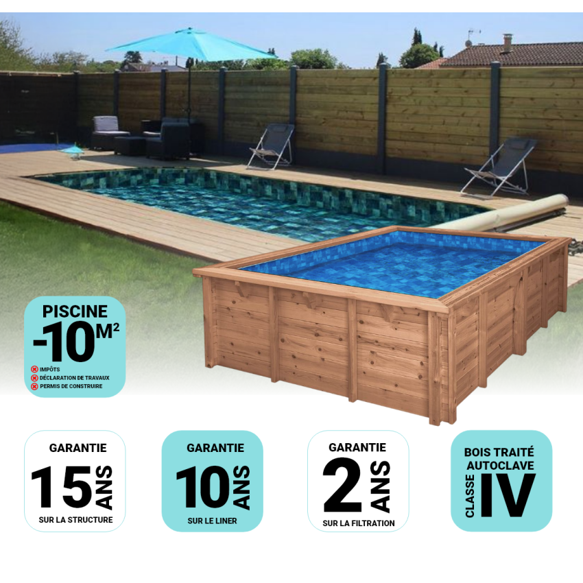 Piscine bois Luxe Rectangulaire 420x320x131cm Pierre de Bali