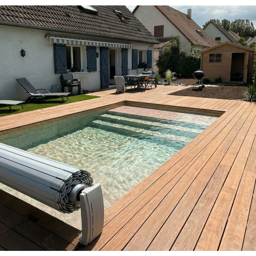 Piscine Bois PRESTIGE Rectangulaire SPARK avec Plage immergée + escalier 420x320x131cm Liner Relief 3D