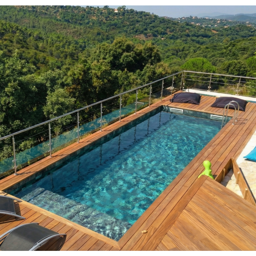 Piscine Bois Luxe Rectangulaire avec Plage Immergée + Escalier 620x420x130cm Pierre de Bali