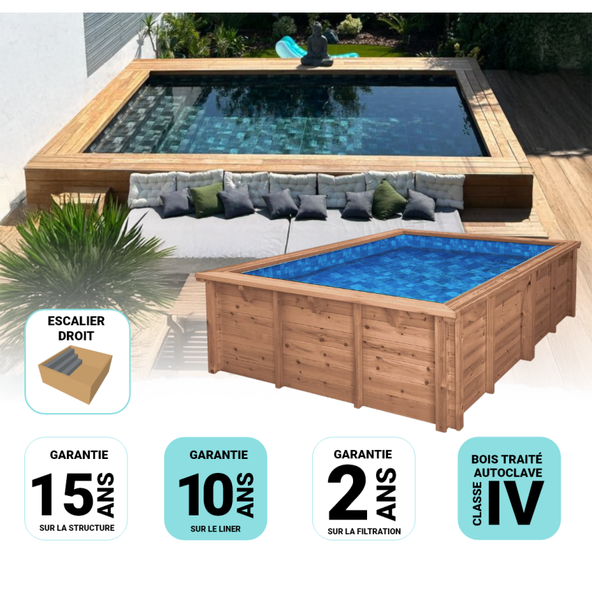Piscine Bois Luxe Rectangulaire avec Escalier 620x420x130cm Pierre de Bali