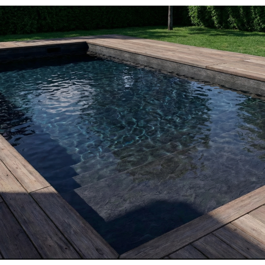Piscine Bois PRESTIGE Rectangulaire SPARK avec Plage immergée + Escalier 620x420x130cm Liner Relief 3D