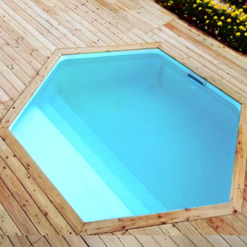 Piscine Bois Spark Ronde Hexagonale avec Plage immergée + Escalier ⌀395x115cm