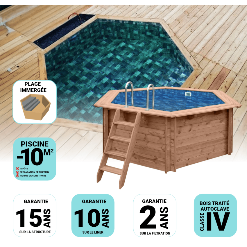 Piscine Bois Spark Ronde Hexagonale avec Plage immergée + Escalier ⌀395x115cm Pierre de Bali