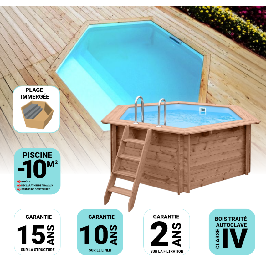 Piscine Bois Spark Ronde Hexagonale avec Plage immergée + Escalier ⌀395x115cm
