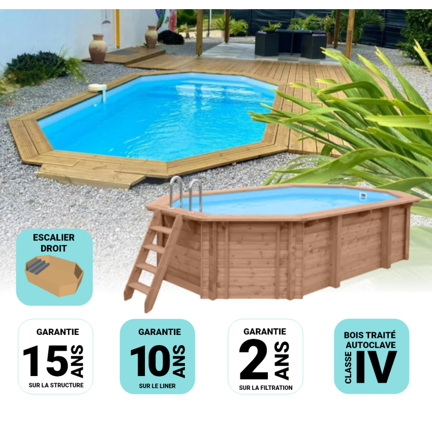 Piscine Bois Lola Octogonale Allongée avec Escalier 541x336x131cm