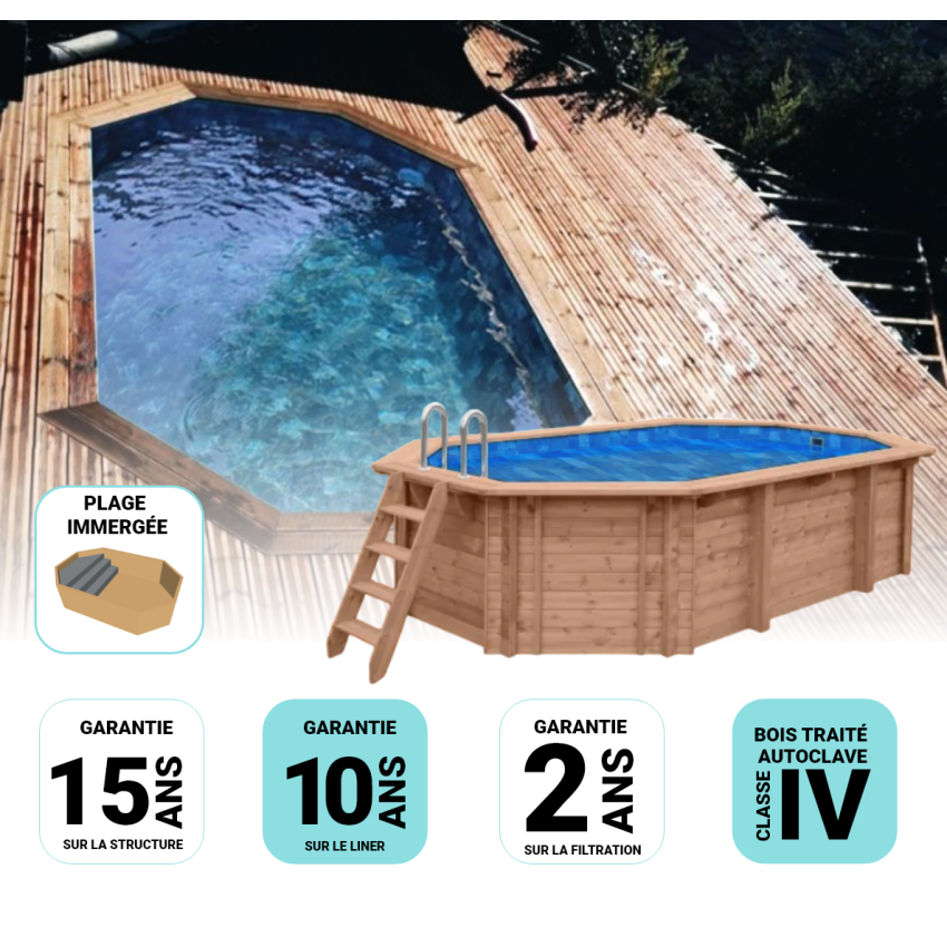 Piscine bois Lola Octogonale Allongée avec Plage Immergée + Escalier 541x336x131cm Pierre de Bali