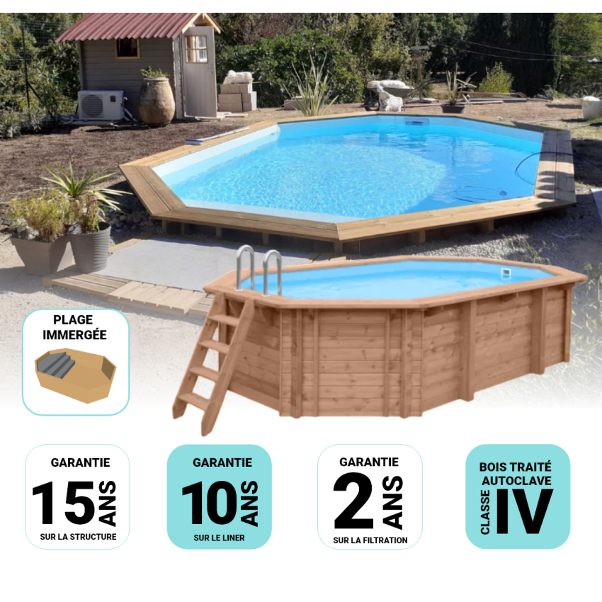Piscine bois Lola Octogonale Allongée avec Plage Immergée + Escalier 541x336x131cm