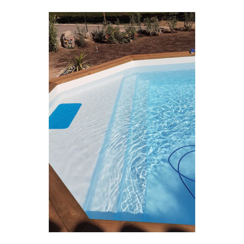 Piscine Bois d'Argent Octogonale Allongée avec Plage Immergée + Escalier 612x407x131cm Pierre de Bali
