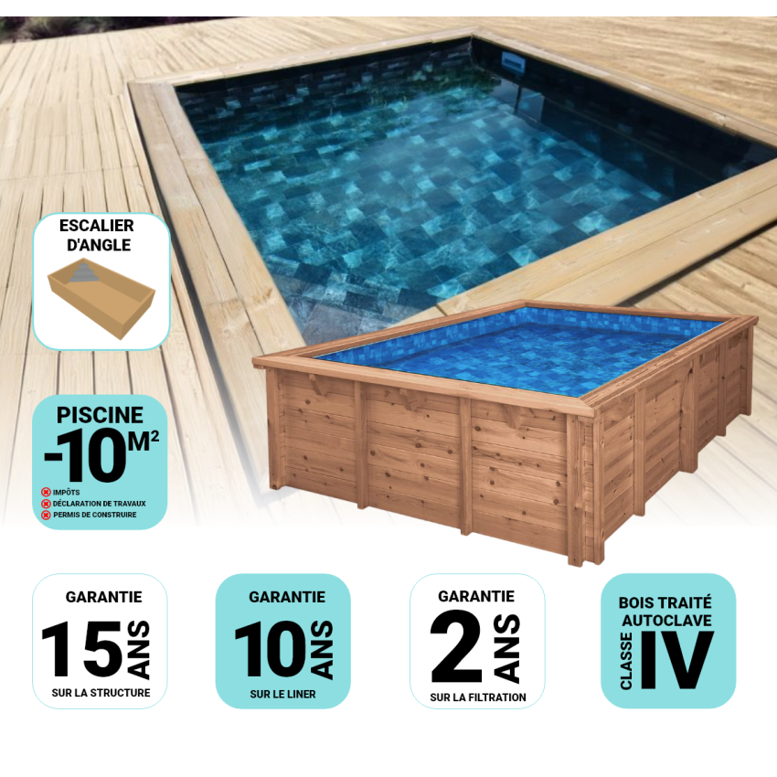 Piscine Bois Luxe Rectangulaire avec Escalier d'Angle 420x320x145cm Pierre de Bali