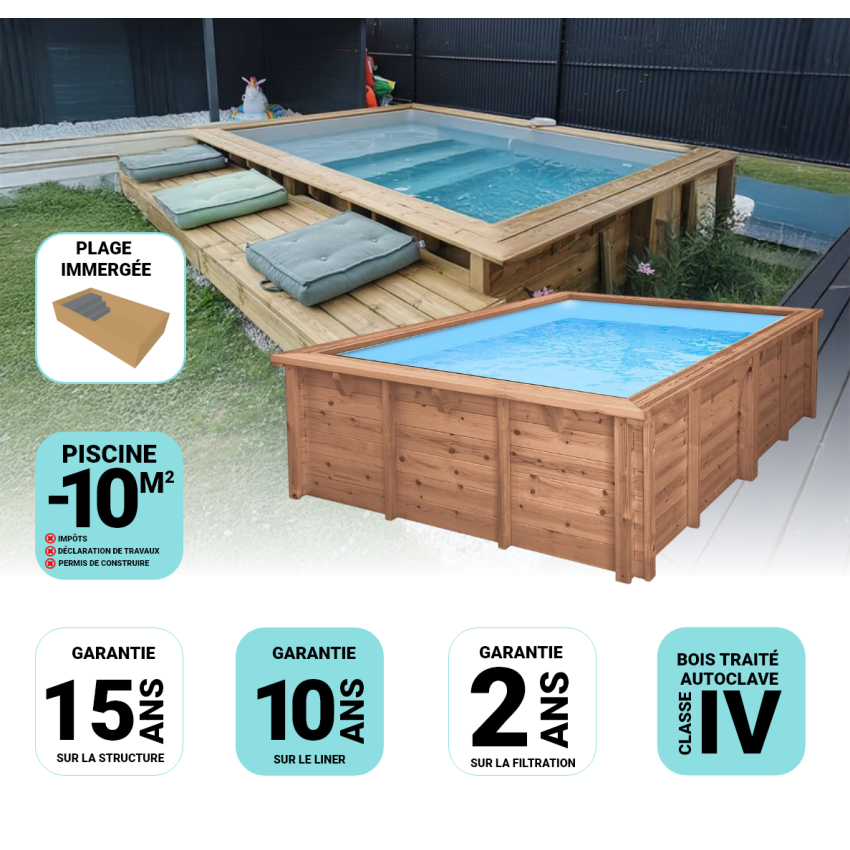 Piscine Bois Luxe Rectangulaire avec Plage immergée + escalier 420x320x145cm