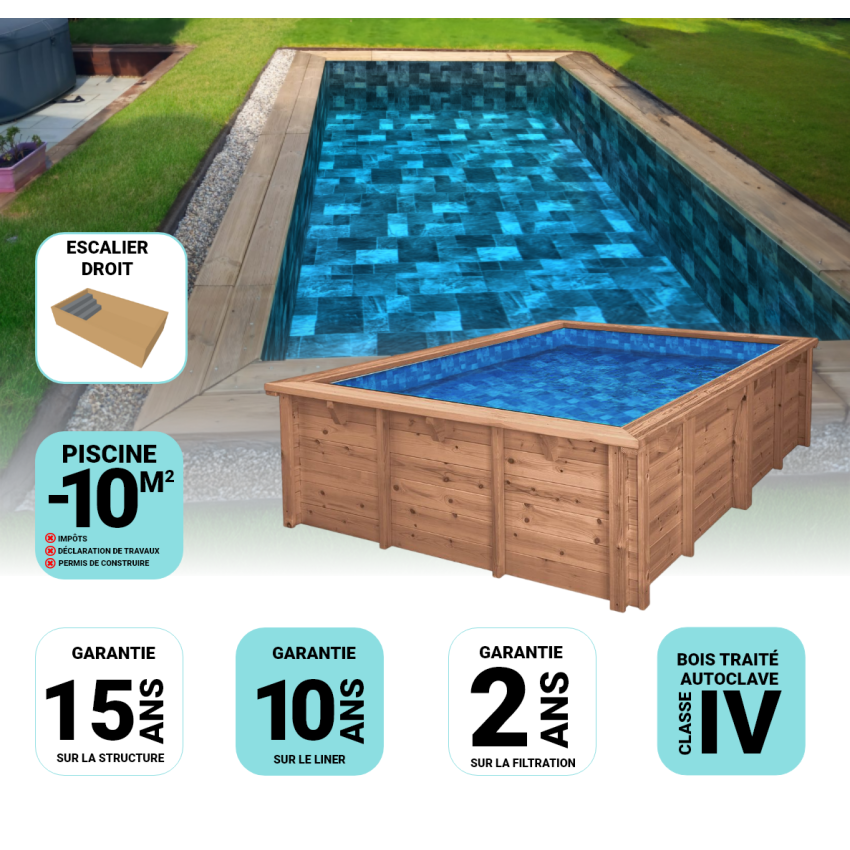 Piscine Bois Luxe Rectangulaire avec Escalier 470x270x145cm Pierre de Bali
