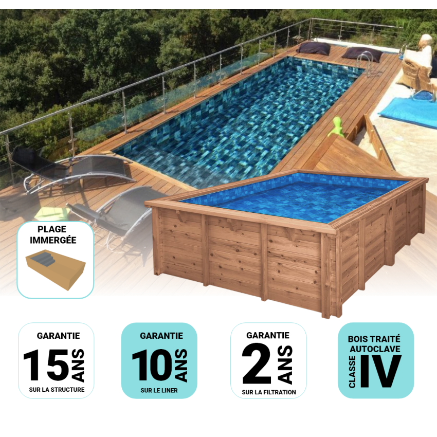 Piscine Bois Luxe Rectangulaire avec Plage Immergée + Escalier 520x320x131cm Pierre de Bali