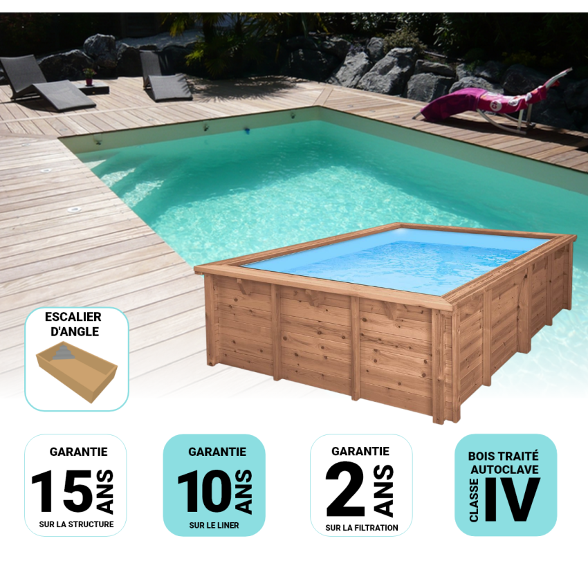Piscine Bois Lenny Rectangulaire avec Escalier d'Angle 720x400x145cm