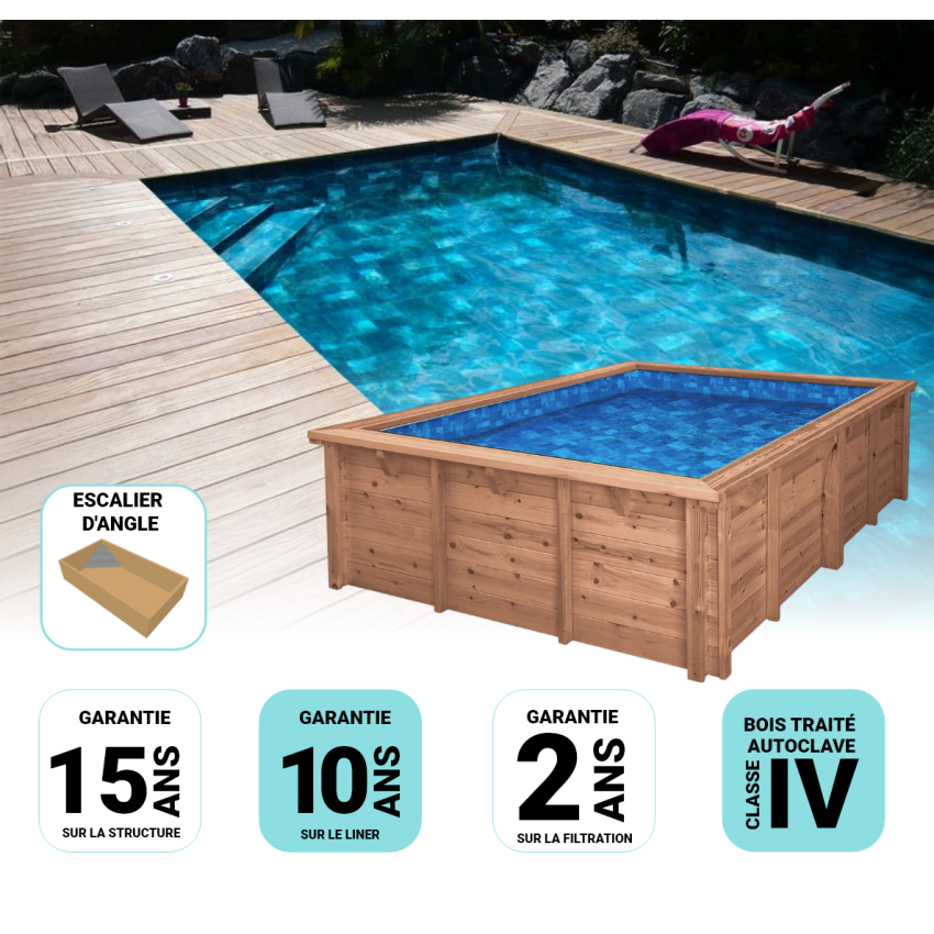 Piscine Bois Diana Rectangulaire avec Escalier d'Angle 820x420x145cm Pierre de Bali