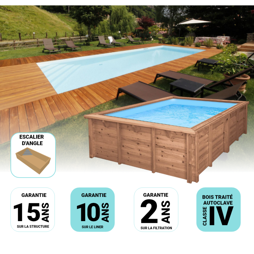 Piscine Bois Diana Rectangulaire avec Escalier d'Angle 820x420x145cm