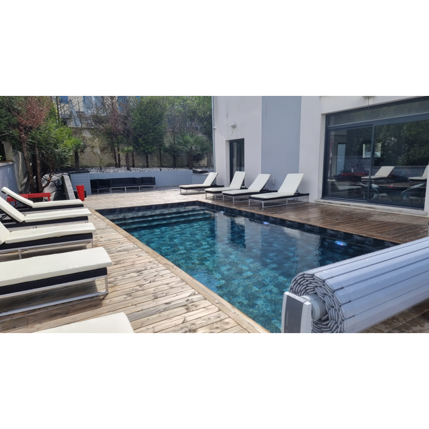 Piscine Bois Rebecca Rectangulaire avec Plage Immergée + Escalier 920x420x145cm Pierre de Bali