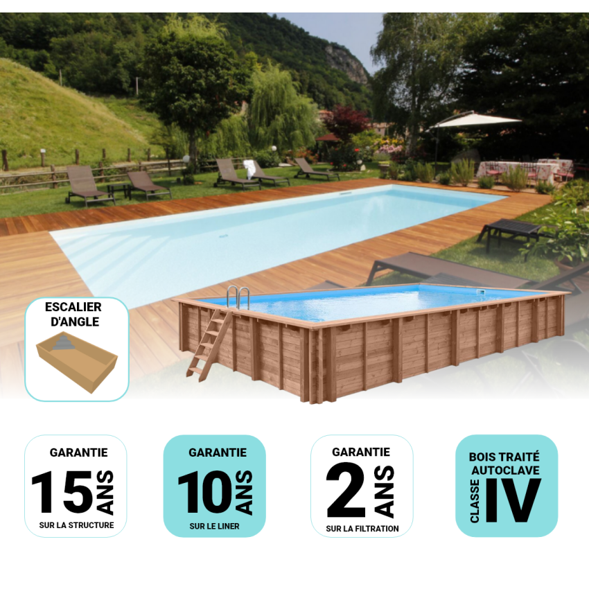 Piscine Bois Supreme Rectangulaire avec Escalier d'Angle 1220x520x145cm