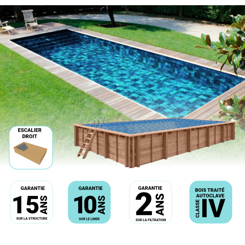 Piscine Bois Supreme Rectangulaire avec Escalier 1220x520x145cm Pierre de Bali