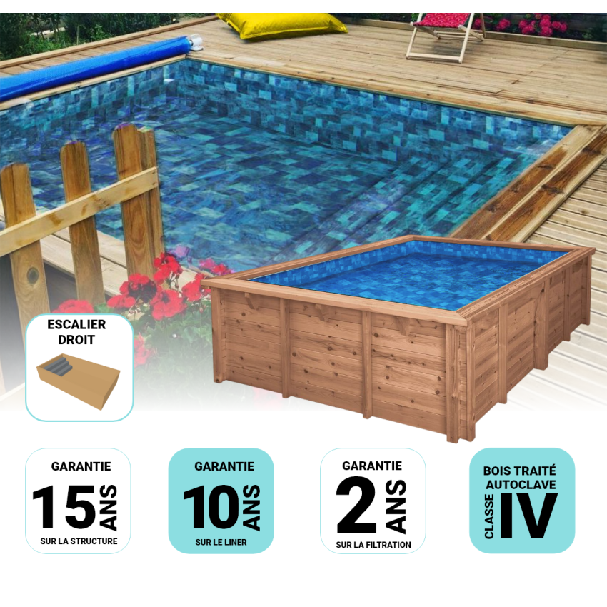 Piscine Bois Anna Carrée avec Escalier 520x520x145cm Pierre de Bali