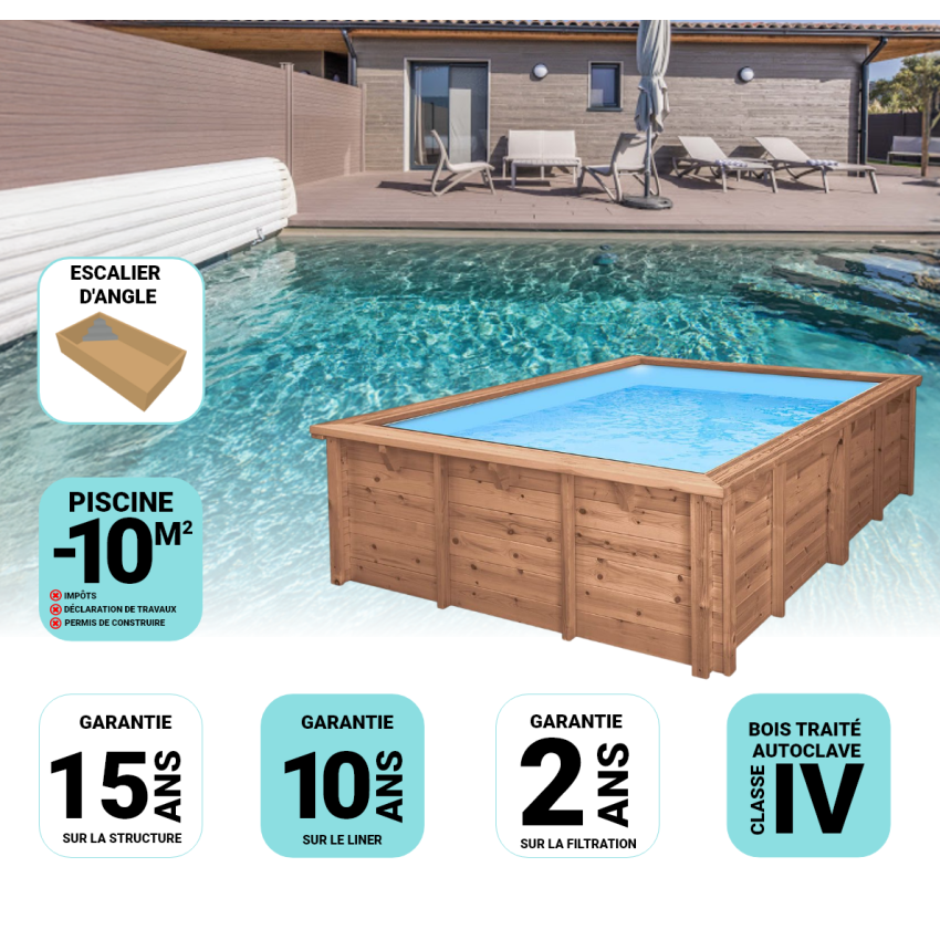 Piscine Bois California Rectangulaire Luxe avec Escalier d'Angle 520x220x131cm 