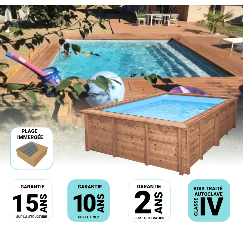 Piscine Bois Capri Carrée avec Plage Immergée + Escalier 420x420x145cm