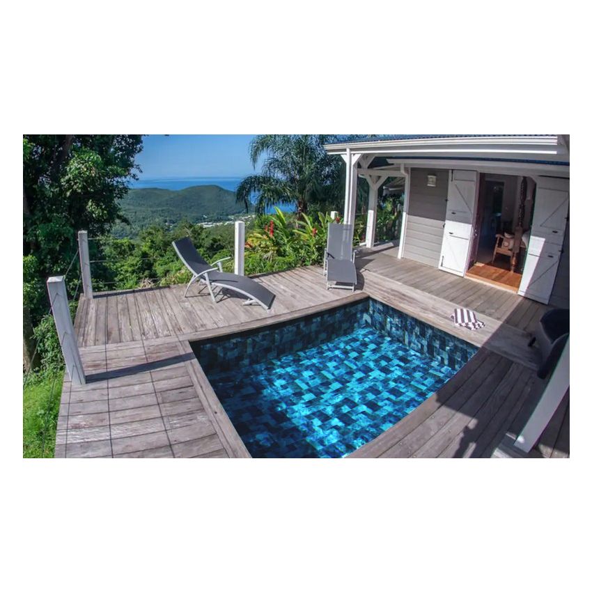 Piscine Bois Capri Carrée avec Plage Immergée + Escalier 420x420x145cm Pierre de Bali