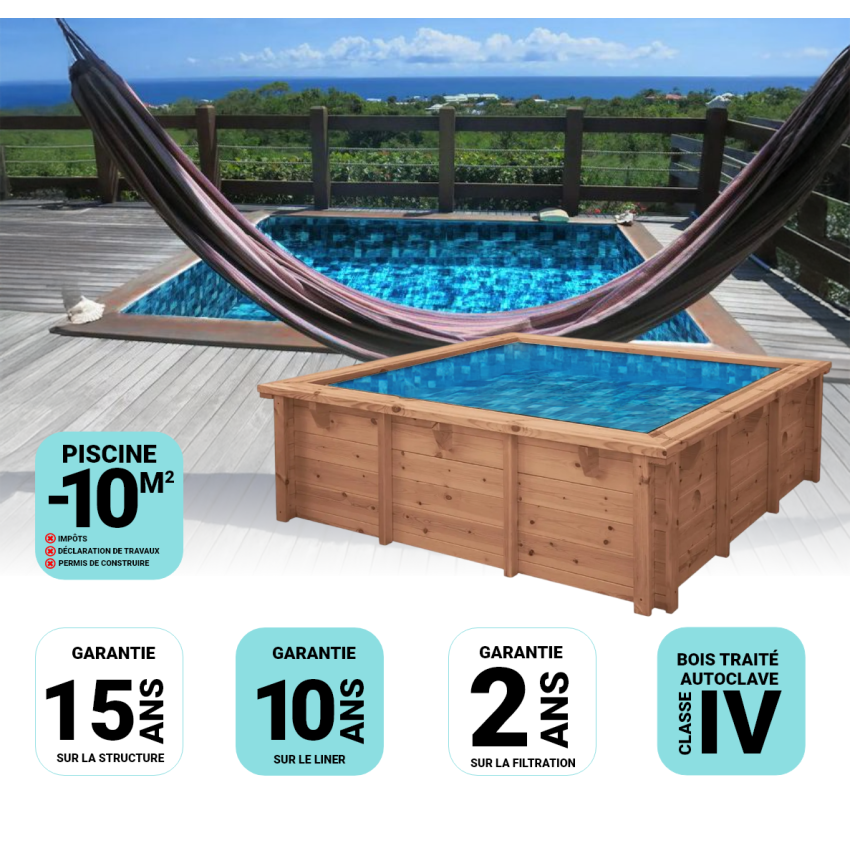 Piscine Bois Sunny Carrée 320x320x131cm Pierre de Bali