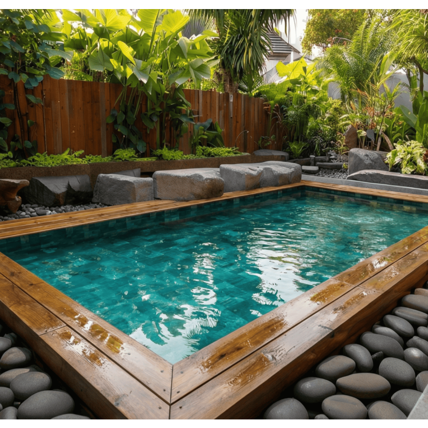 Piscine Bois Luna Rectangulaire avec Plage immergée + Escalier 350x270x70cm Pierre de Bali