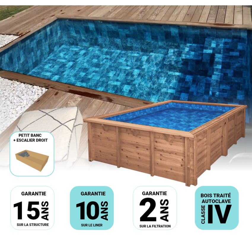 Piscine Bois Luxe Rectangulaire avec Banc et Petit escalier 620x420x145cm Pierre de Bali