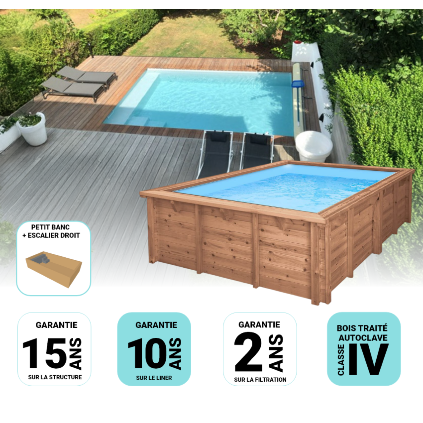 Piscine Bois Luxe Rectangulaire avec Banc et Petit escalier 620x420x145cm