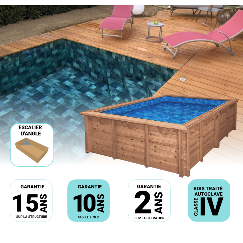 Piscine Bois Luxe Rectangulaire avec Escalier d'angle 620x420x145cm Pierre de Bali