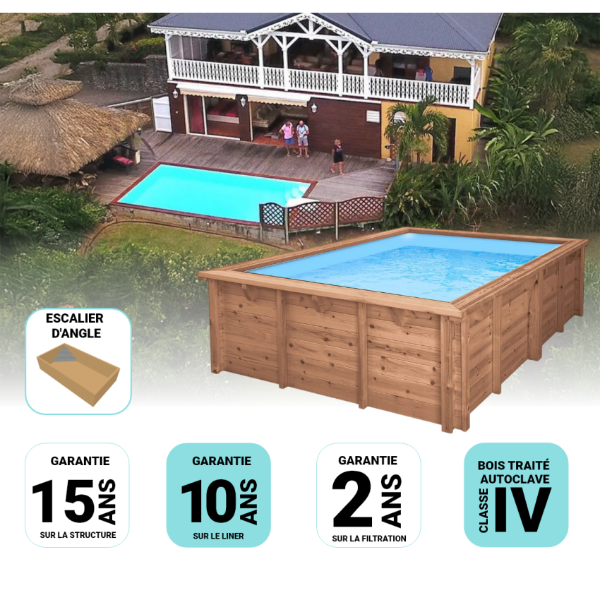 Piscine Bois Luxe Rectangulaire avec Escalier d'Angle 620x420x145cm