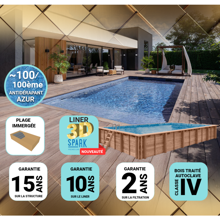 Piscine Bois PRESTIGE Rectangulaire avec Plage Immergée + Escalier SPARK 1220x520x145cm Liner Relief 3D