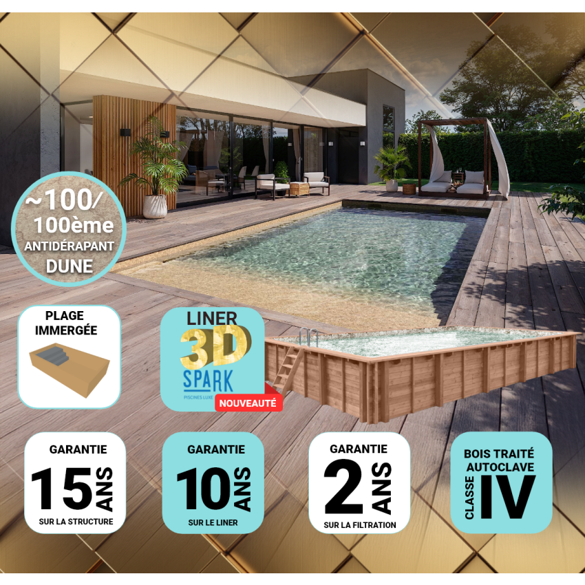 Piscine Bois PRESTIGE Rectangulaire avec Plage Immergée + Escalier SPARK 920x420x145cm Liner Relief 3D