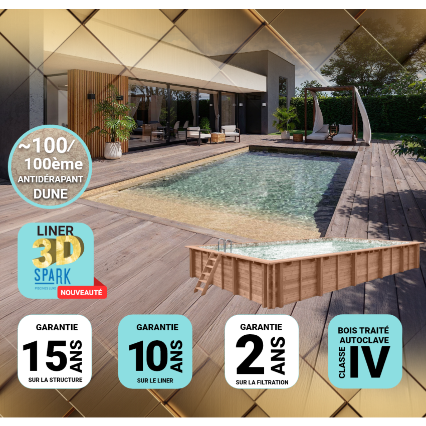 Piscine Bois PRESTIGE Rectangulaire SPARK 1220x520x145cm Liner Relief 3D