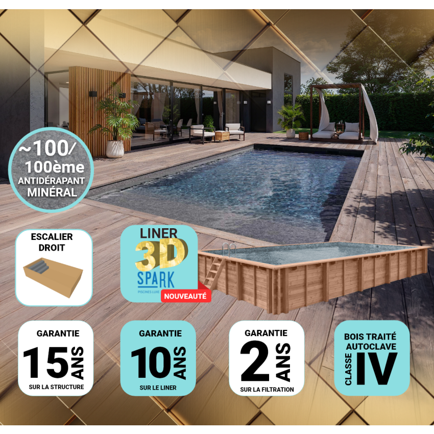 Piscine Bois PRESTIGE Rectangulaire SPARK avec Escalier droit 720x400x145cm Liner Relief 3D
