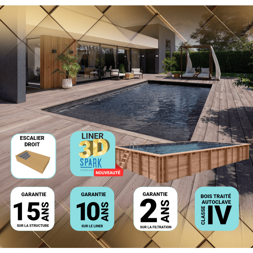 Piscine Bois PRESTIGE LUNA Rectangulaire avec Escalier SPARK 350x270x70cm Liner Relief 3D