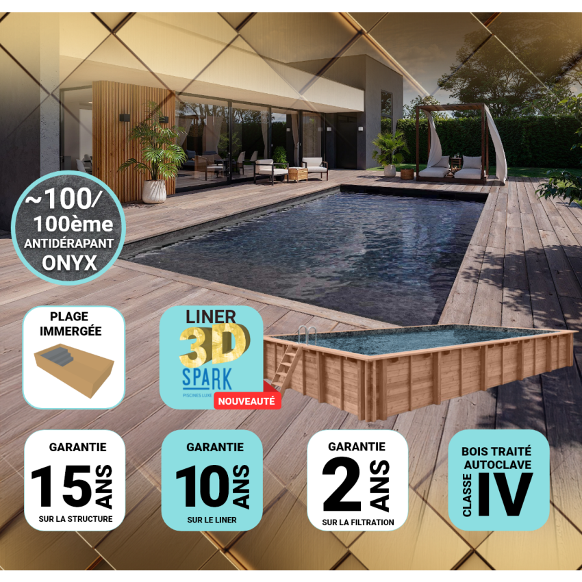 Piscine Bois PRESTIGE Rectangulaire avec Plage Immergée + Escalier SPARK 520x320x131cm Liner Relief 3D
