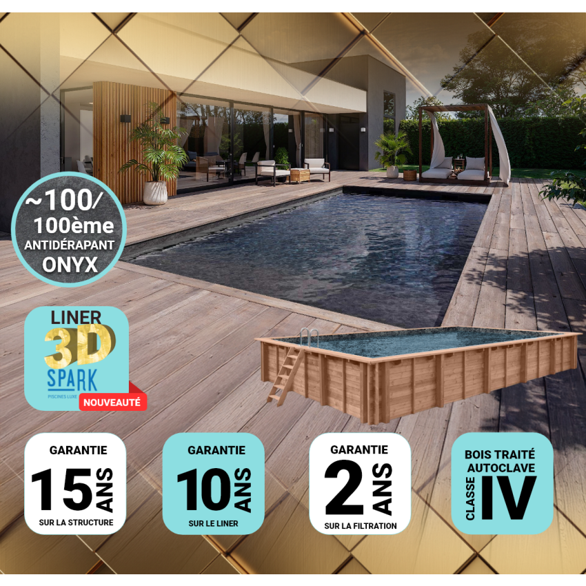 Piscine Bois Rebecca PRESTIGE Rectangulaire SPARK 920x420x145cm Liner Relief 3D